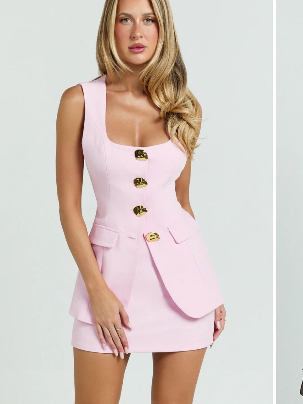 Showpo Phyllis Two-Piece Skirt Set with Gold Button Tailored Scoop Neck Sz 8 New